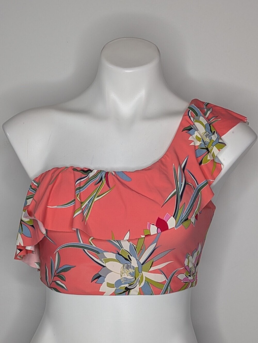 Sea Angel Peach Blue Green Floral One Shoulder Ruffle Bikini Top M